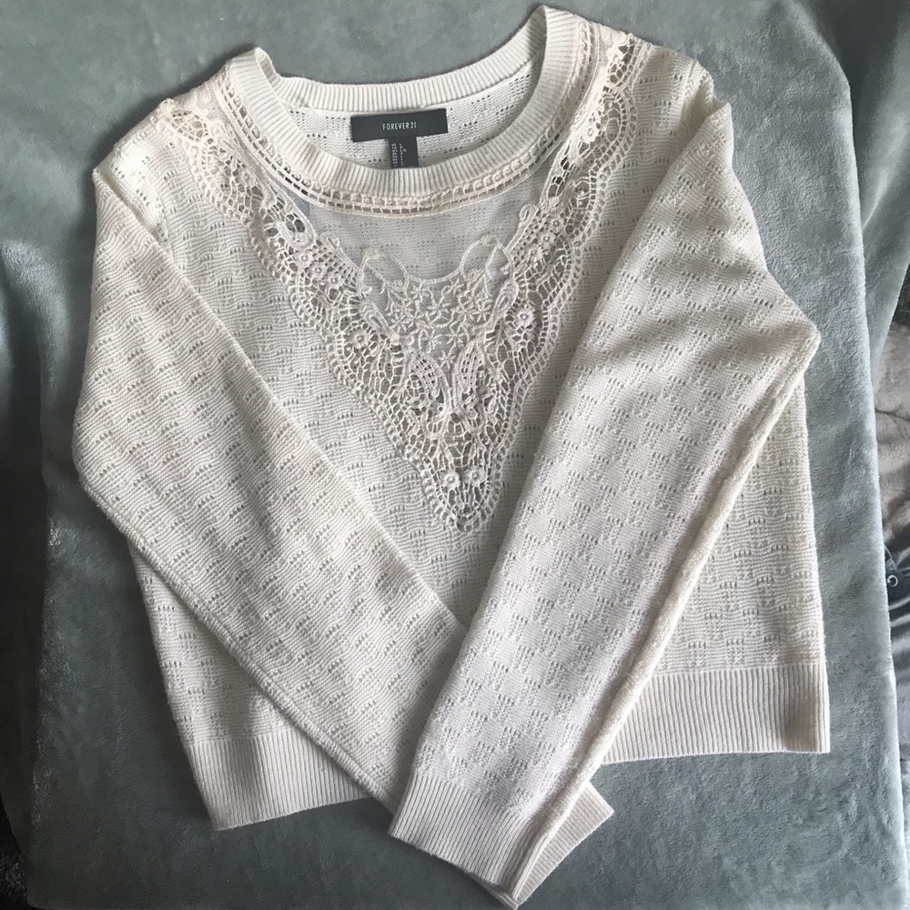 Forever 21 Juniors Size Large Cream Cropped Sweater With Mesh Cutout